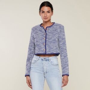 RP Rachel Parcell Blue Scalloped Tweed Jacket Gold Buttons Sz Large